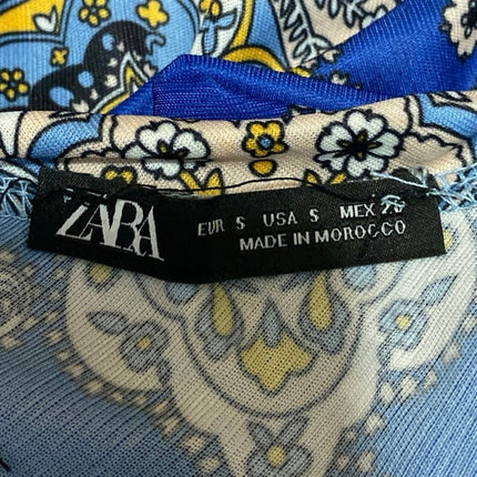 Zara Blue Floral Paisley Sleeveless Scarf Asymmetric High Neck Tank Blouse Top S