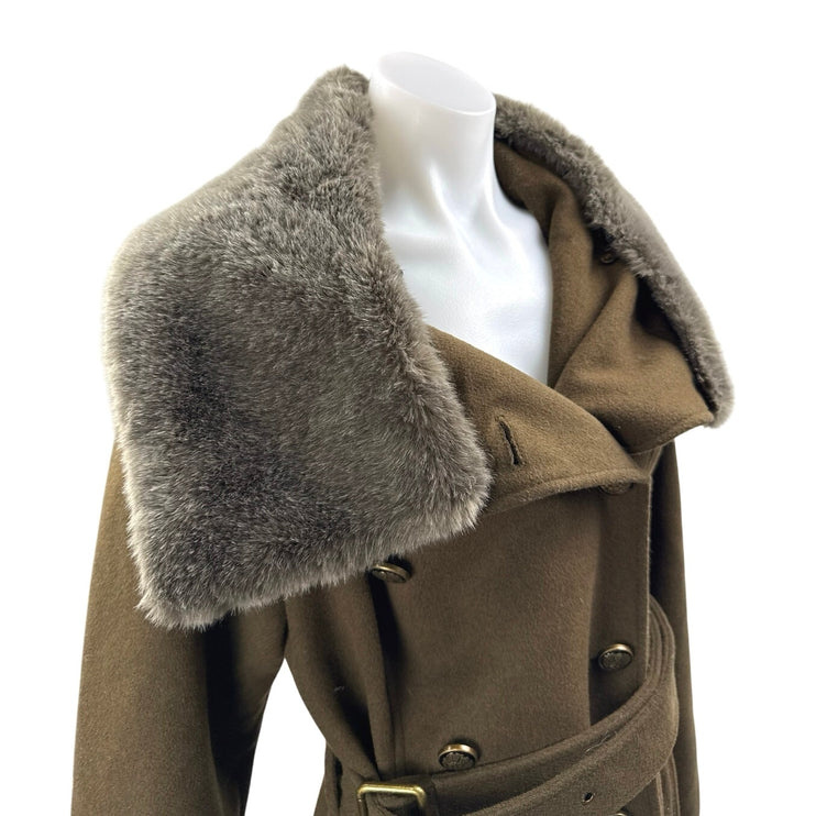 Vince Camuto Olive Green Wool Faux Fur Collar Long Sleeve Trench Coat Jacket L