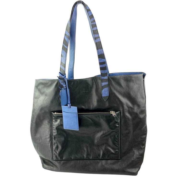 Coach Blue Black 100% Leather Reversible Zip Pocket ShoulderTote Bag Handbag OS
