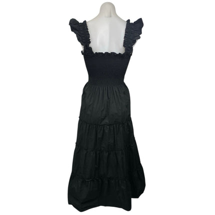 Quince Black Ruffle Smocked Square Neck Tiered Sleeveless A Line Midi Dress XS