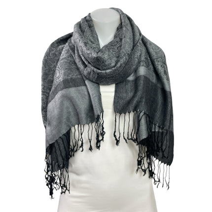 Pashmina Black Gray Paisley Colorblock Silk Fringe Wrap Shawl Neck Scarf OS