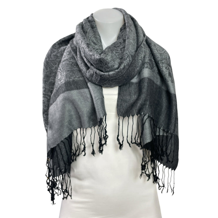 Pashmina Black Gray Paisley Colorblock Silk Fringe Wrap Shawl Neck Scarf OS
