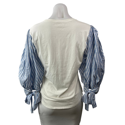Cinq a Sept Carlie White Blue 3/4 Striped Puff Sleeves Boho Shirt Blouse Top M