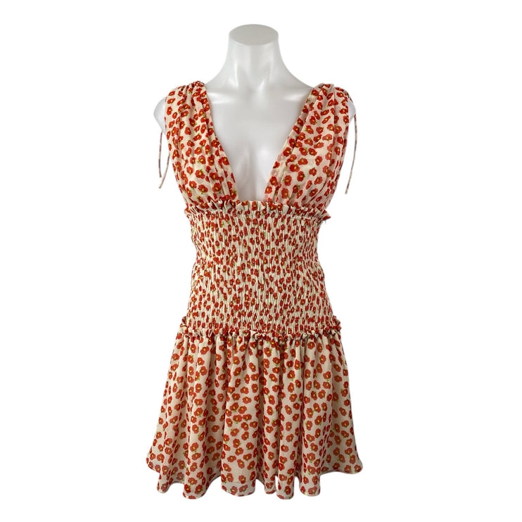 NEW Zara Red Floral Sleeveless V Neck Smocked Tiered Fit & Flare Mini Dress Sz M