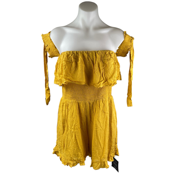 NEW Lulus Yellow Ruffle Smocked Off the Shoulder Wide Leg Romper Jumpsuit Size M