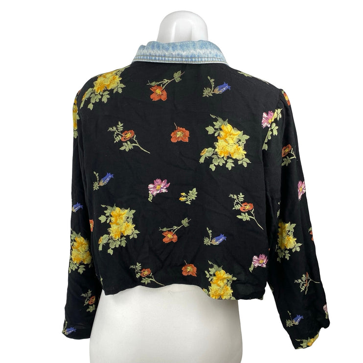 Vintage Romeo Black Floral Long Sleeve Denim Jean Button Down Shirt Top Size M
