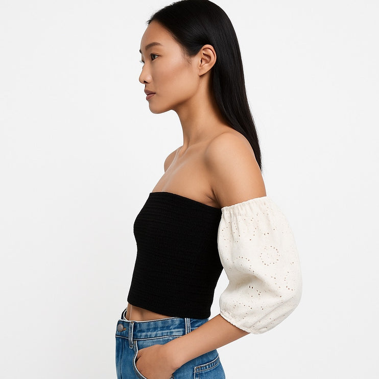 Zara Black White Off the Shoulder Puff Sleeve Bandeau Tube Knit Crop Top Size S