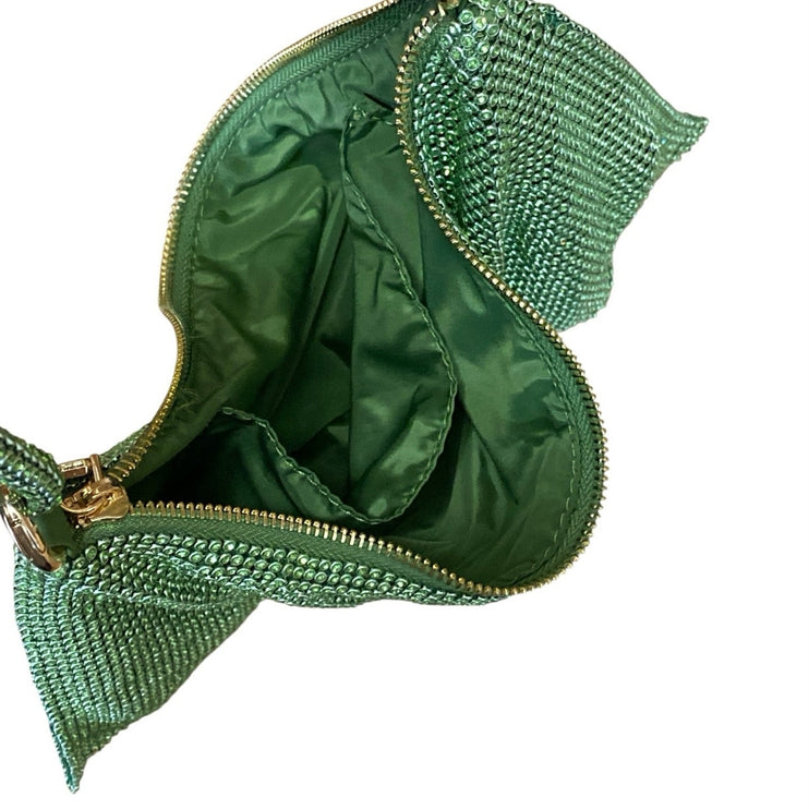 Women's Green Rhinestone Knotted Zipper Hobo Evening Shoulder Strap Handbag OS