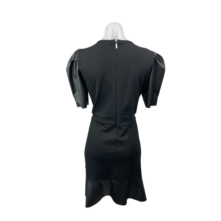 Michael Kors Ponte Faux Leather Trim Puff Sleeve Flounce Hem Mini Flare Dress L