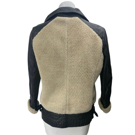 Slate & Willow Aviator Beige Black 100% Leather Sherpa Zip Up Moto Coat Jacket S