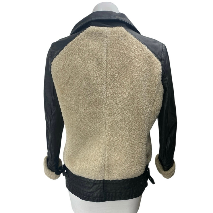 Slate & Willow Aviator Beige Black 100% Leather Sherpa Zip Up Moto Coat Jacket S