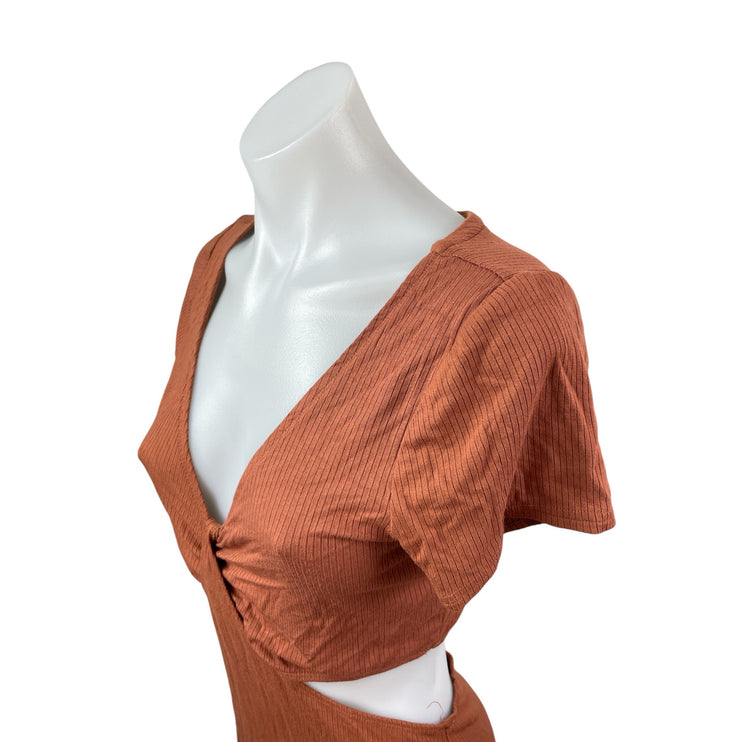 Abercrombie & Fitch Rust Brown Short Sleeve V Neck Rib Knit Cutout Mini Dress M