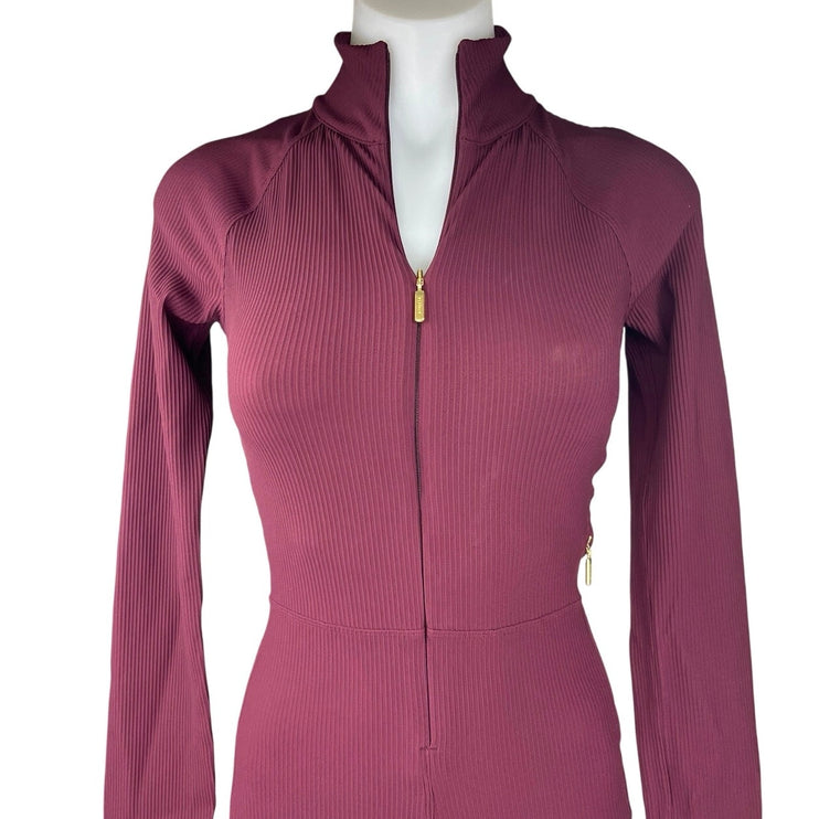 Athleta Alicia Keys Goddess Purple Rib Long Sleeve Zip Up Bodysuit Jumpsuit XXS