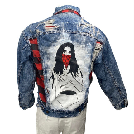 Levi's Men's Blue Distressed Long Sleeve Graphic Denim Jeans Coat Jacket Size XS