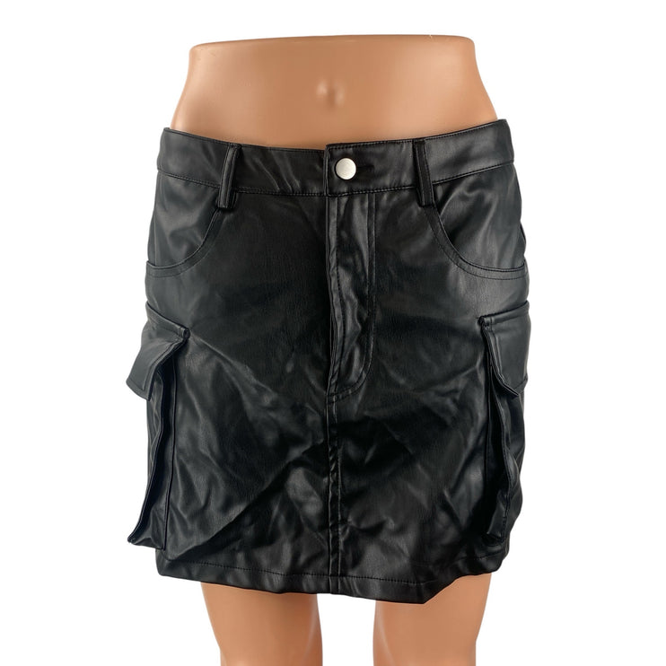 NEW Fashion Nova Black Faux Vegan Leather High Rise Mini A-Line Cargo Skirt Sz M