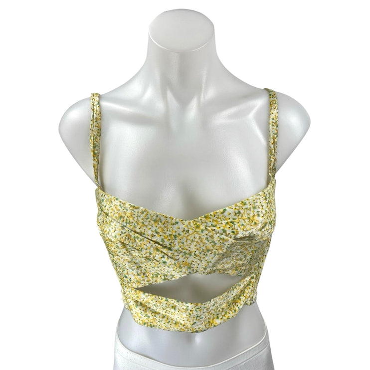 Sabina Musayev Yellow Silk Satin Floral Sleeveless Cutout Cami Tank Crop Top L