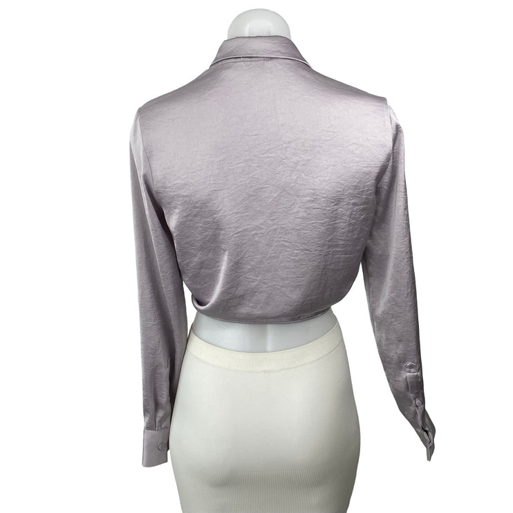 Aritzia Wilfred Purple Lilac Silk Satin Long Sleeve Crop Tie Button Up Shirt XS