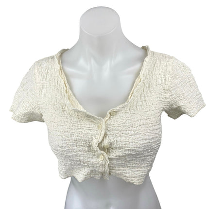 Urban Outfitters Cream Crinkle Textured Short Sleeve Button Down Crop Top Size M