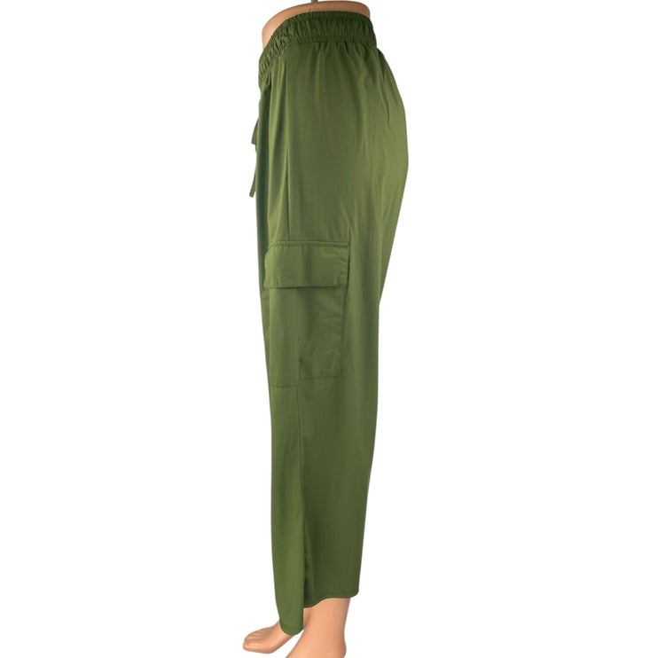 Retrology Green Drawstring High Waisted Cargo Wide Leg Trousers Cropped Pants 1x