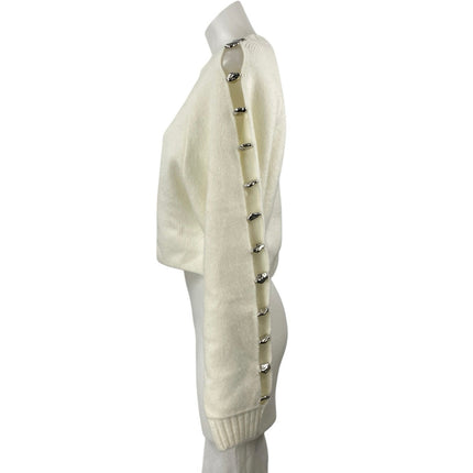 Zara Women's Cream White Studded Beaded Cutout Long Sleeve Crop Sweater Top Sz S