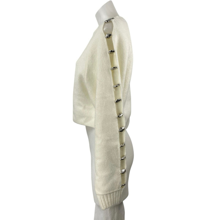 Zara Women's Cream White Studded Beaded Cutout Long Sleeve Crop Sweater Top Sz S