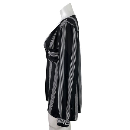 Hippie Rose Womens Black Gray Striped Notch Pocket Long Sleeve Blouse Top Size M