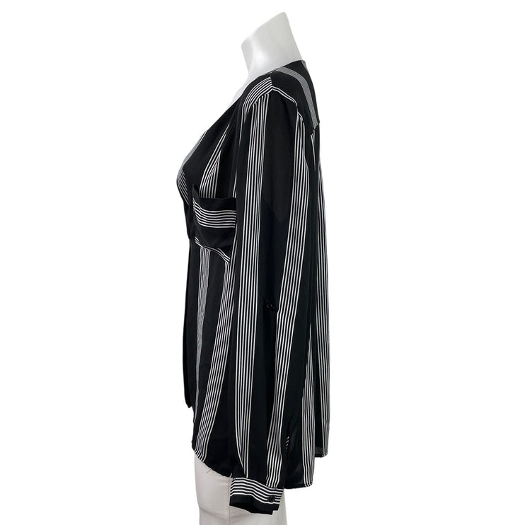 Hippie Rose Womens Black Gray Striped Notch Pocket Long Sleeve Blouse Top Size M