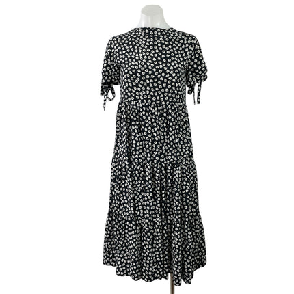 Madewell Black Floral Woodcut Flower Short Tie Sleeve Tiered ALine Midi Dress XS