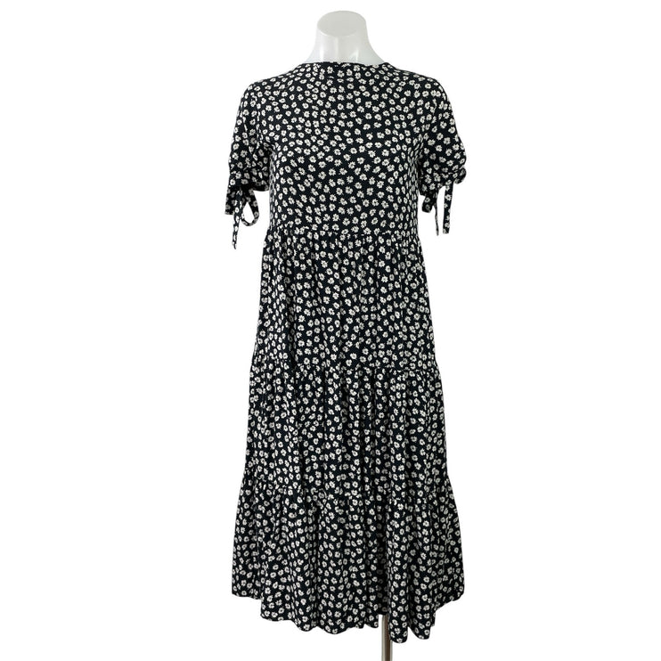 Madewell Black Floral Woodcut Flower Short Tie Sleeve Tiered ALine Midi Dress XS