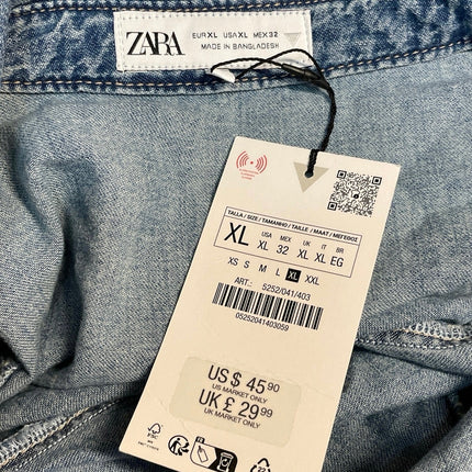 NEW Zara Blue Long Sleeve Collar Tie Knot Denim Jean Jacket Shirt Top Size XL