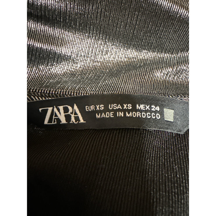 Zara Silver Metallic Long Sleeve Deep V-Neck Pleated Fit & Flare Mini Dress XS
