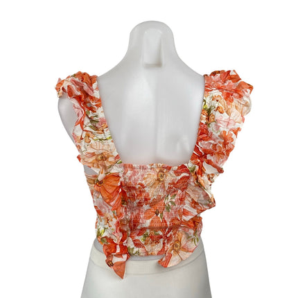 NEW H&M Coral Floral Sleeveless Linen Ruffle Sweetheart Cropped Blouse Top Sz S