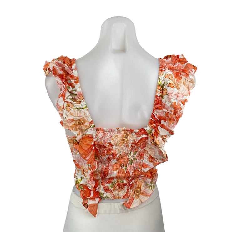 NEW H&M Coral Floral Sleeveless Linen Ruffle Sweetheart Cropped Blouse Top Sz S