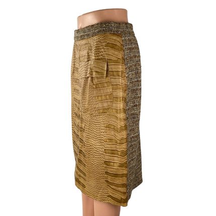 Tan Khaki Colorblock Croc-Embossed Faux Leather Vegan Pencil Mini Skirt Size 10