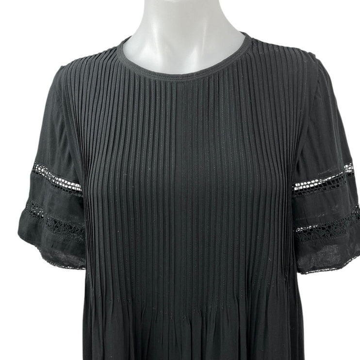 Aritzia Wilfred Black 100% Silk Pleated Short Sleeve Crew Neck Shift Dress Sz S