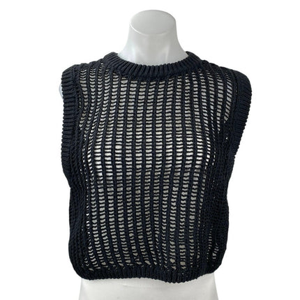 Zara Women's Black Sleeveless Crew Neck Open Knit Sheer Crop Sweater Vest Sz XL