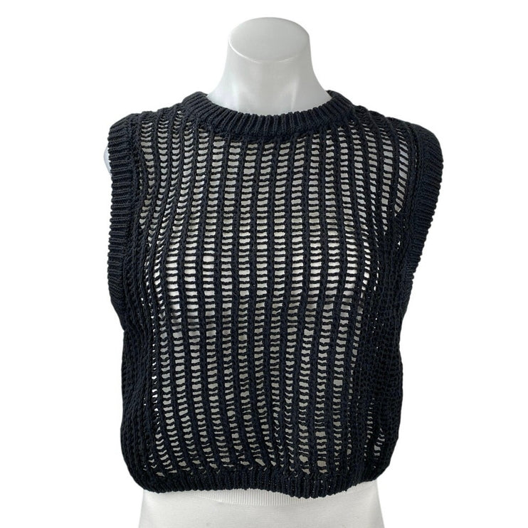 Zara Women's Black Sleeveless Crew Neck Open Knit Sheer Crop Sweater Vest Sz XL
