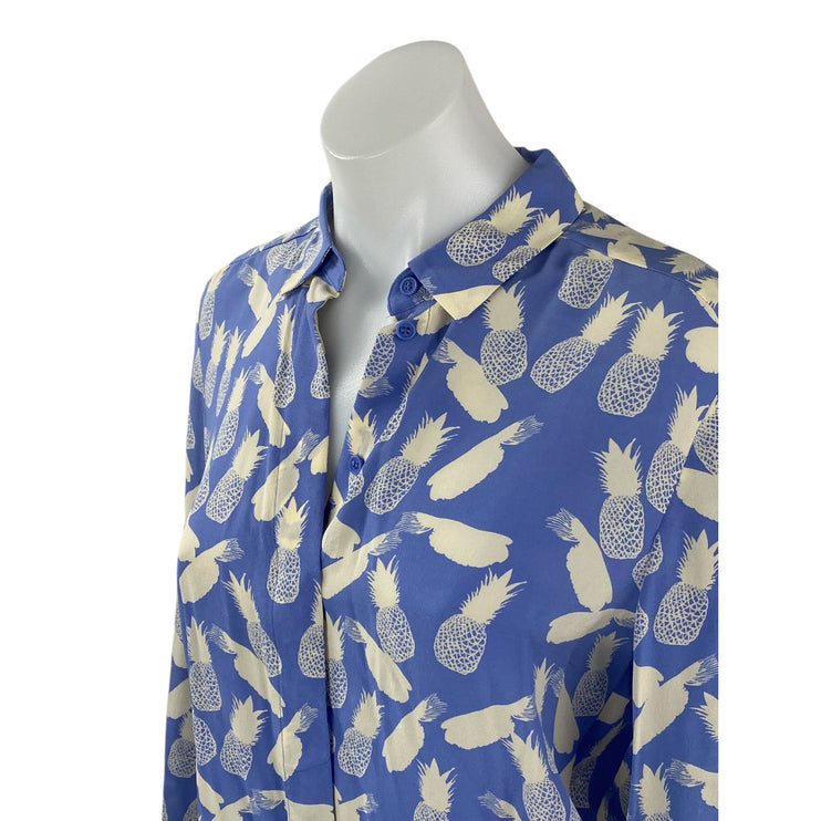 & Other Stories 100% Silk Blue Pineapple Print Long Sleeve Button Up Shirt Top 4