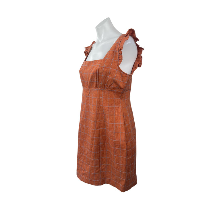 NEW Alice + Olivia Brown Orange Plaid Ruffle Sleeveless Mini Sheath Dress Size L