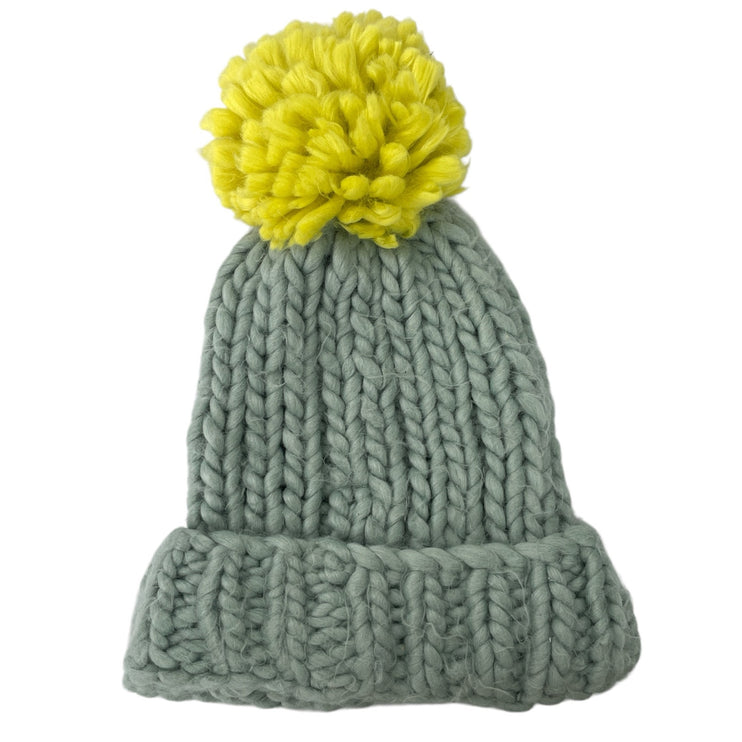 Anthropologie Gray Green Chunky Knit Pompom Winter Bonnet Beanie Hat One Size