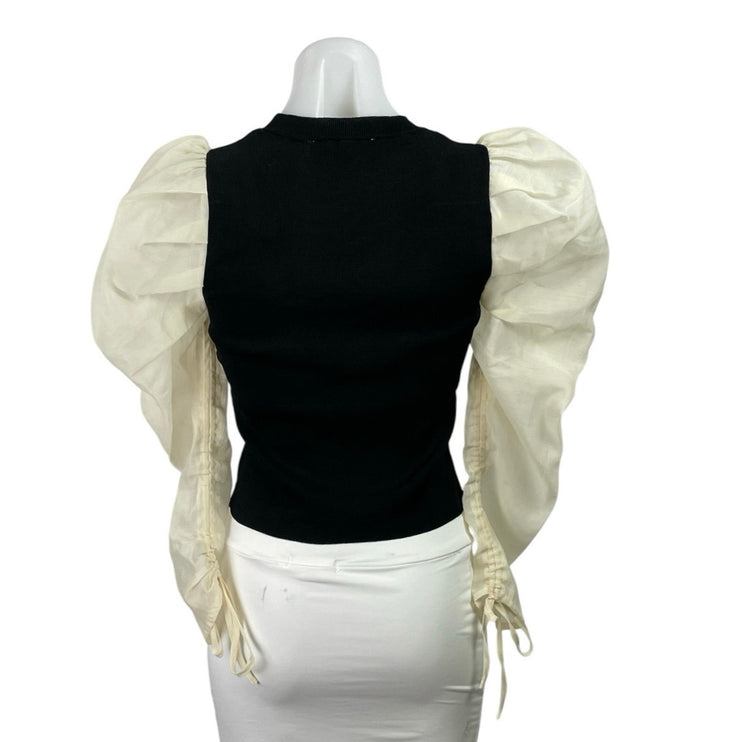 Zara Mixed Media Organza Long Puff Balloon Sleeve Crew Neck Sweater Blouse Top S