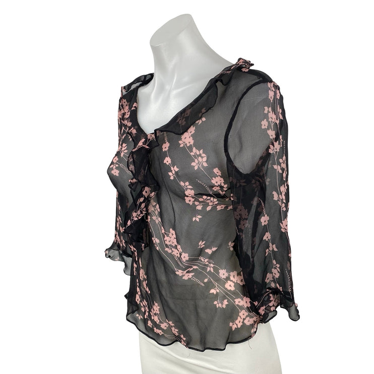 Women's Black Pink Floral Mesh Sheer Ruffle V Neck Half Sleeve Blouse Top Size S