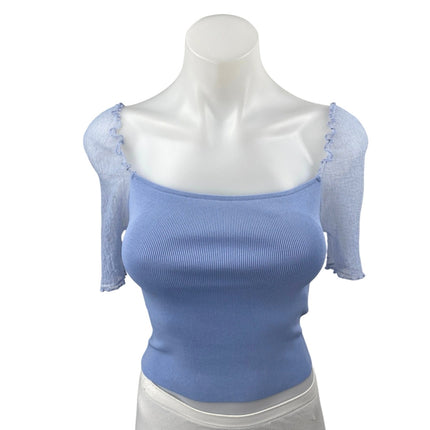 Zara Women's Blue Mesh Short Sleeve Ribbed Knit Sculpt Cropped Blouse Top Size S