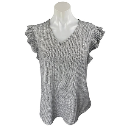 Adrianna Papell Women's White Black Abstract Ruffle Sleeve Blouse Top Size L