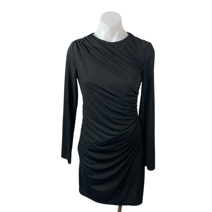 Zara Women's Black Long Sleeve Draped Ruched Crew Neck Mini Bodycon Dress Size M