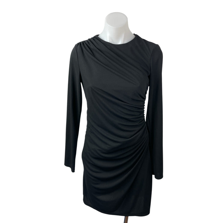 Zara Women's Black Long Sleeve Draped Ruched Crew Neck Mini Bodycon Dress Size M
