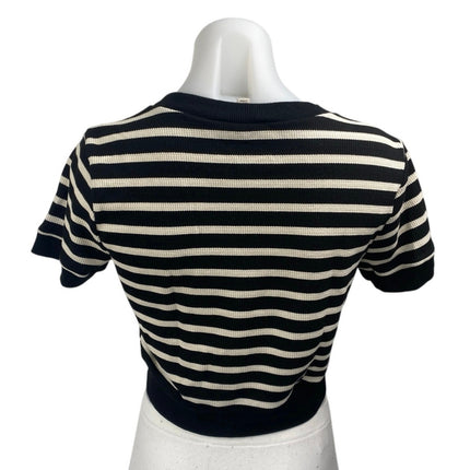 Atelier by Kirious Black White Striped Rib Knit Short Sleeve Crop Sweater Top L