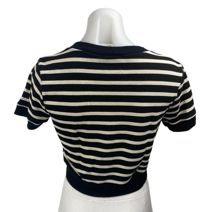 Atelier by Kirious Black White Striped Rib Knit Short Sleeve Crop Sweater Top L