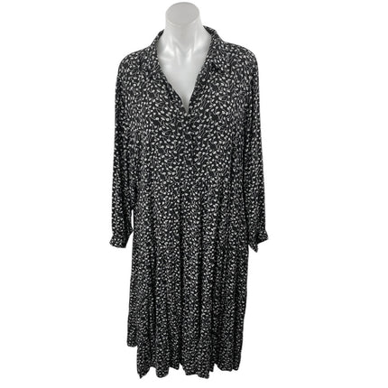MONKL Black White Floral Long Sleeve Collared Pleated Midi Swing Dress Size XL