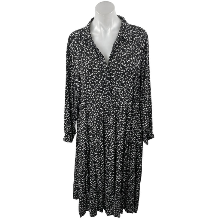 MONKL Black White Floral Long Sleeve Collared Pleated Midi Swing Dress Size XL